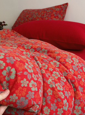 红色喜庆A类全棉色织提花双层纱被套床上四件套1.5m1.8床红色被罩