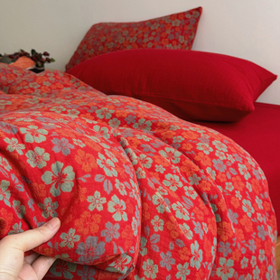 红色喜庆A类全棉色织提花双层纱被套床上四件套1.5m1.8床红色被罩