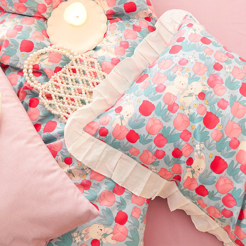 纯棉全棉荷叶边枕头套郁金香小兔