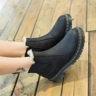 dr马丁靴女加绒加厚切尔西短靴羊毛一体厚底防水保暖棉鞋 英伦短靴