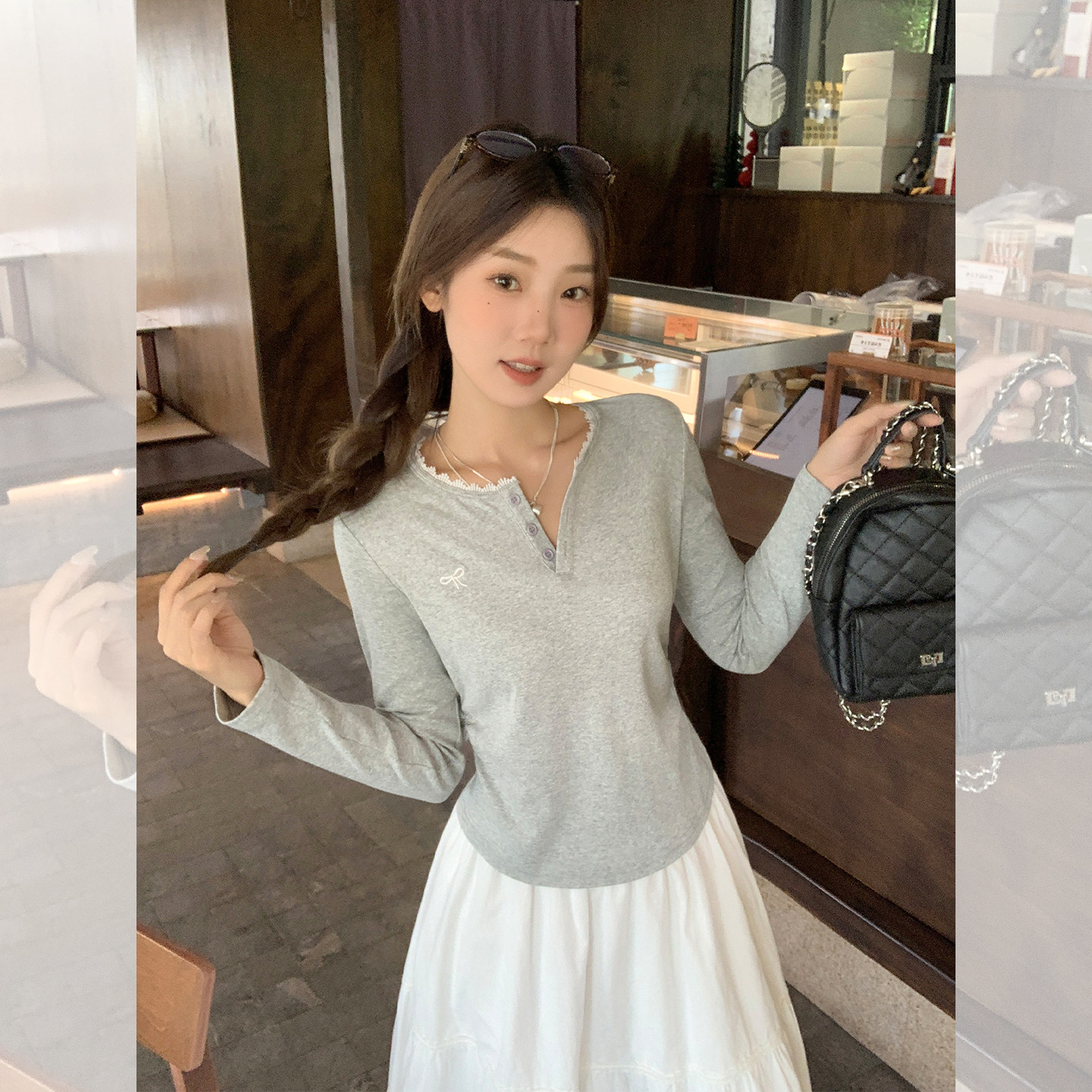2025新款灰色长袖t恤女2025秋新款韩版蕾丝边内搭打底衫显瘦上衣