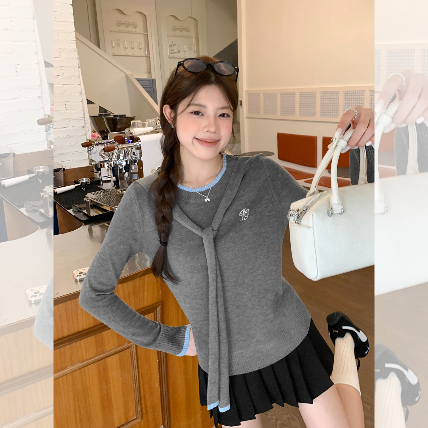 2025新款灰色披肩撞色毛针织长袖T恤女2025秋季修身刺绣打底上衣