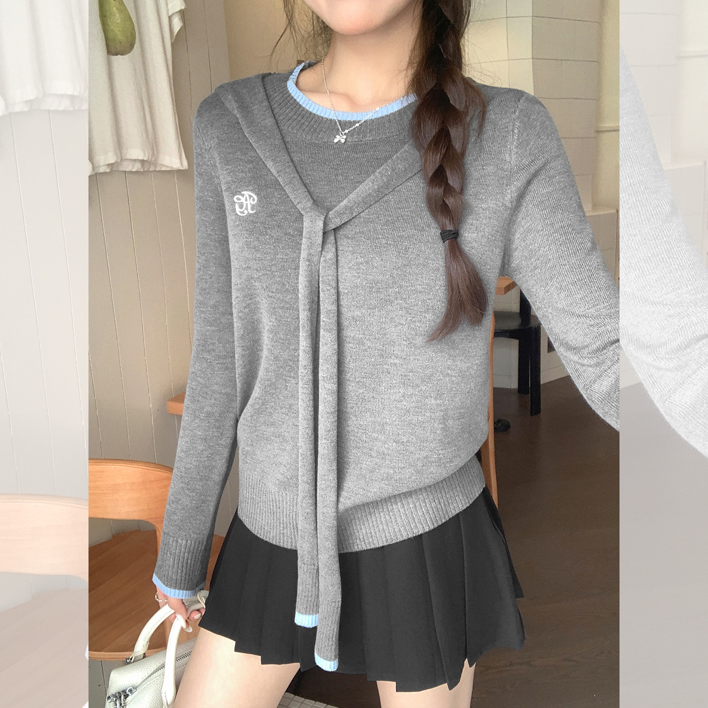 2025新款灰色披肩撞色毛针织长袖T恤女2025秋季修身刺绣打底上衣