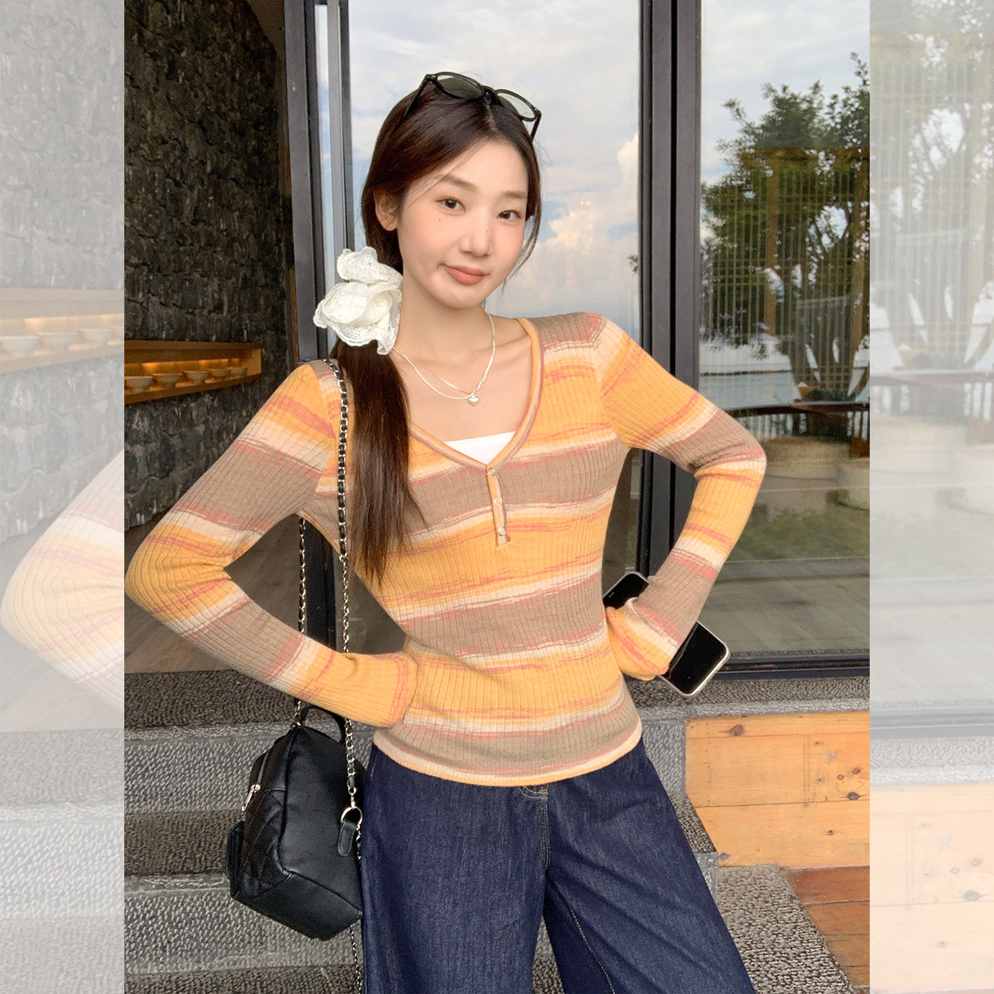 2025新款2025秋季桔色撞色假两件V领长袖T恤女辣妹修身显瘦小上衣