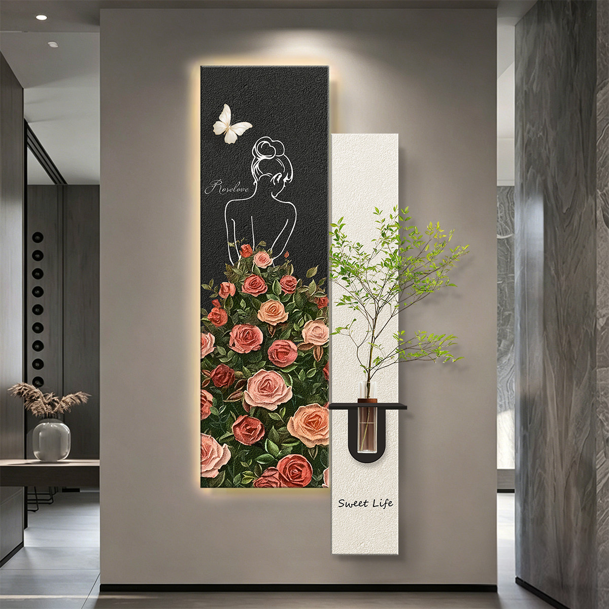 蝴蝶舞女砂岩花瓶绿植入户玄关装饰画走廊过道尽头挂画高级感壁画