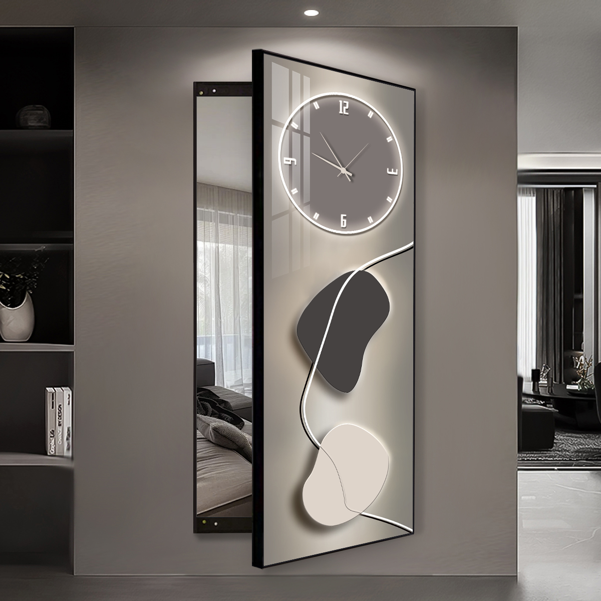 轻奢隐形全身镜开合隐藏镜子带时钟挂钟表试衣镜装饰画壁挂穿衣镜