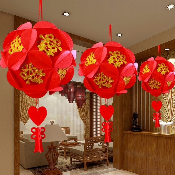 婚庆婚房装饰布置烫金喜字绣球挂件拉花球灯笼无纺布婚房装饰