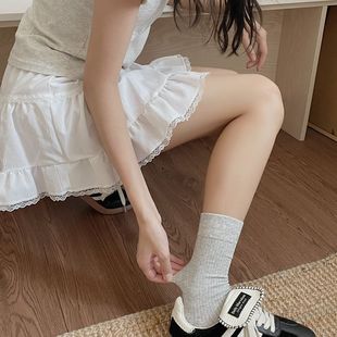 25袜子女款 中筒袜烫印笑脸白色学生纯色堆堆长袜月子袜 春夏季 薄款