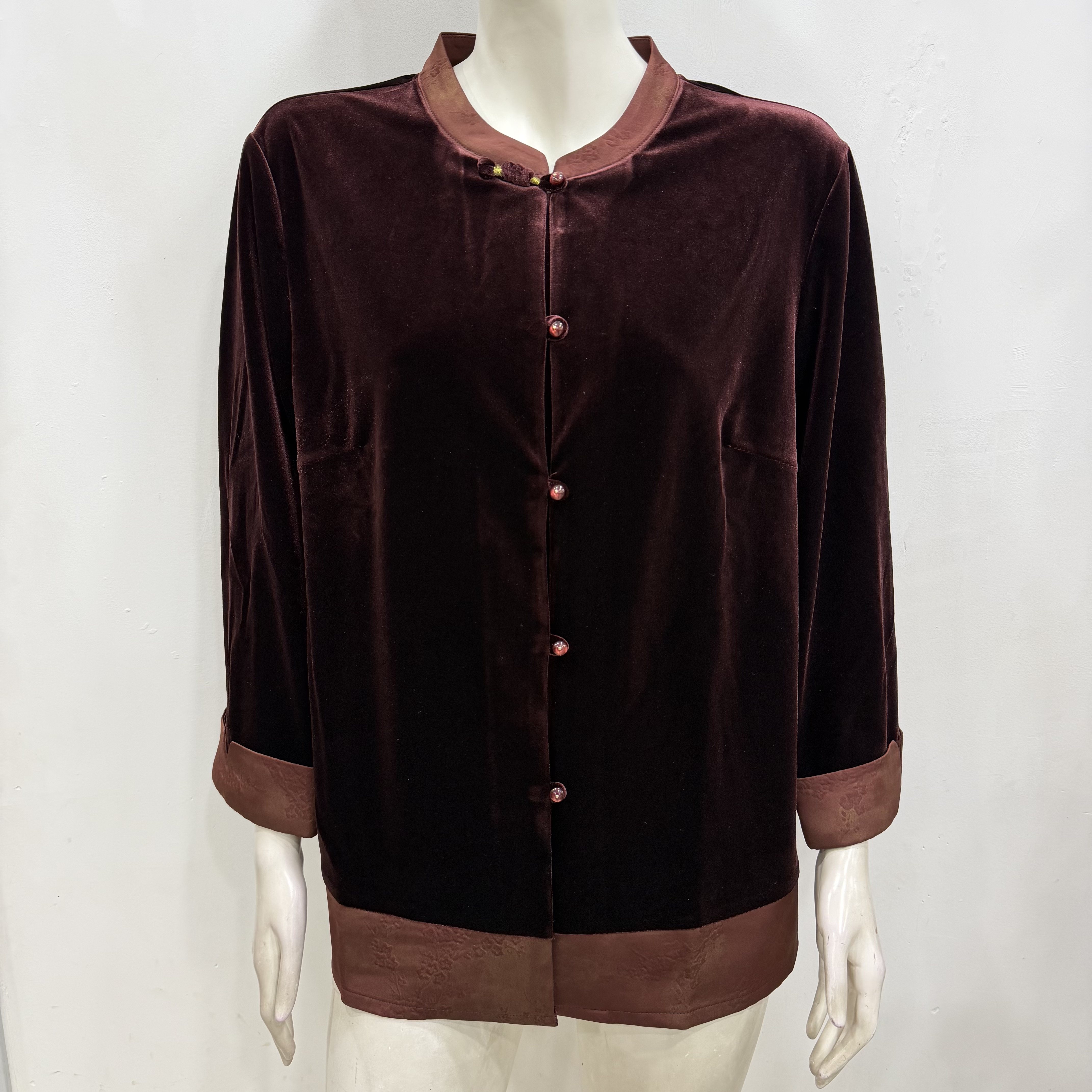 庄娇26008中老年女装时尚妈妈装纯色立领七分袖金丝绒厚衬衣上衣