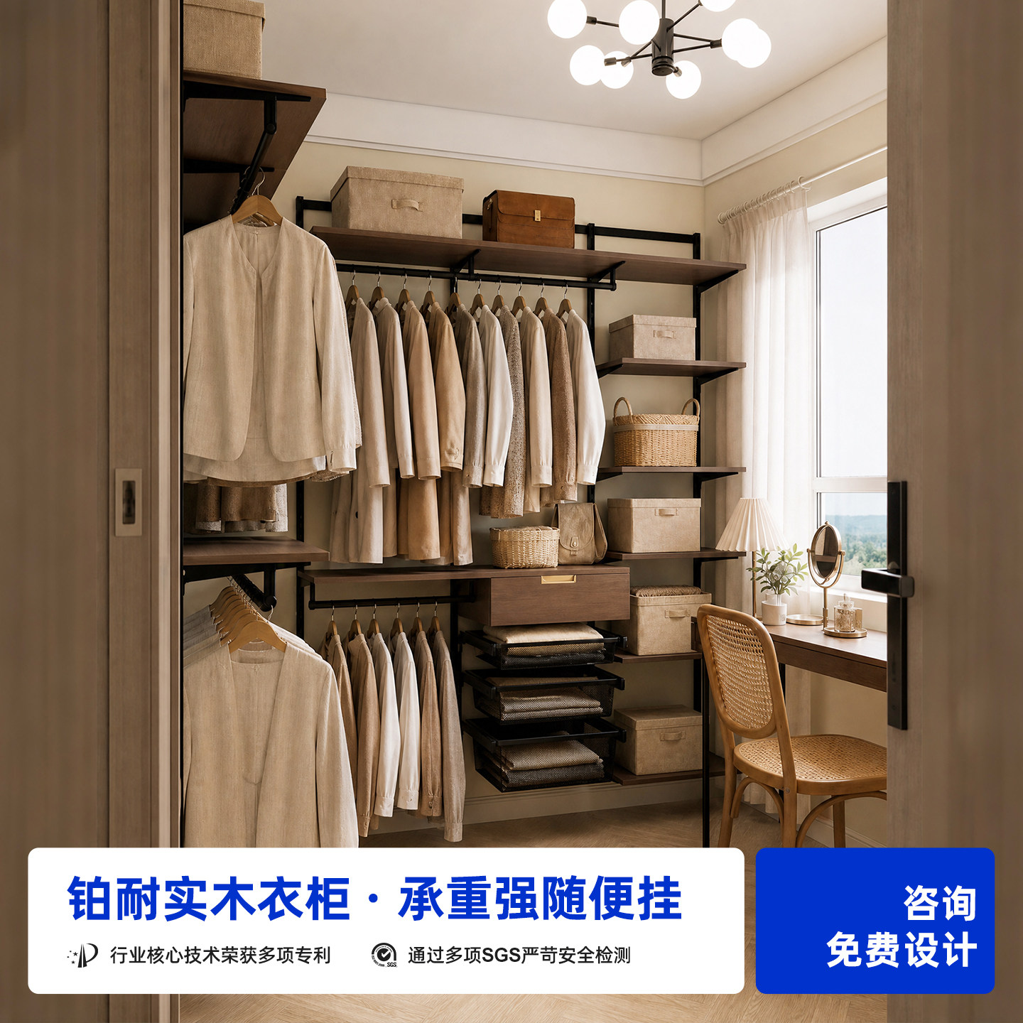 铂耐金属实木衣柜卧室家用新型钢架组装中古风开放式衣帽间定制图片