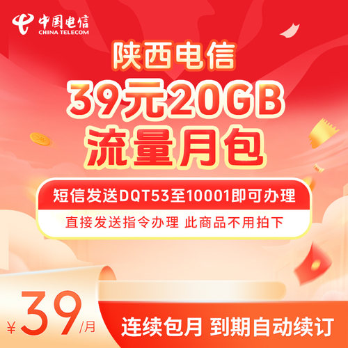 陕西电信39元20GB流量月包DQT53至10001即可办理