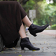 壹家shoes 740003软羊皮尖头及裸靴4公分粗跟靴女简约百搭短皮靴