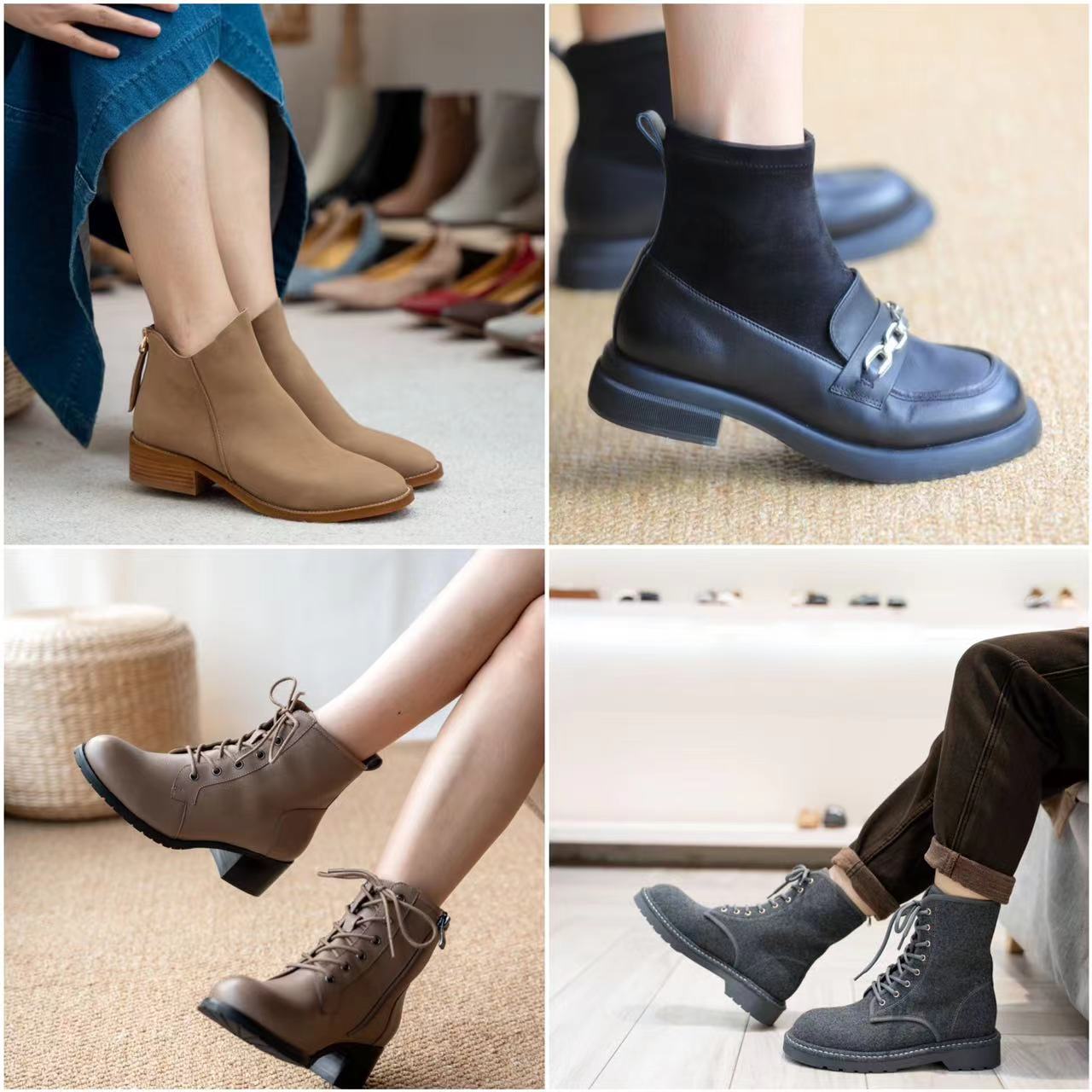 壹家shoes祼靴短靴粗跟磨砂牛皮
