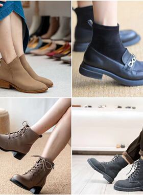 合集靴子壹家shoes033040磨砂牛皮圆头裸靴3.5公分粗跟靴女百搭靴