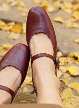 壹家shoes035007羊皮3.5cm粗跟复古玛丽珍方头单鞋显瘦通勤小皮鞋