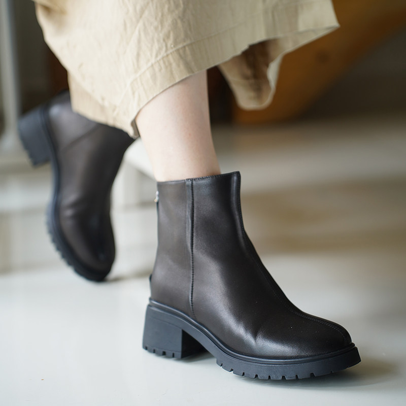 壹家shoes019027羊皮短靴5cm圆头粗跟加绒款秋冬靴子通勤软底女靴