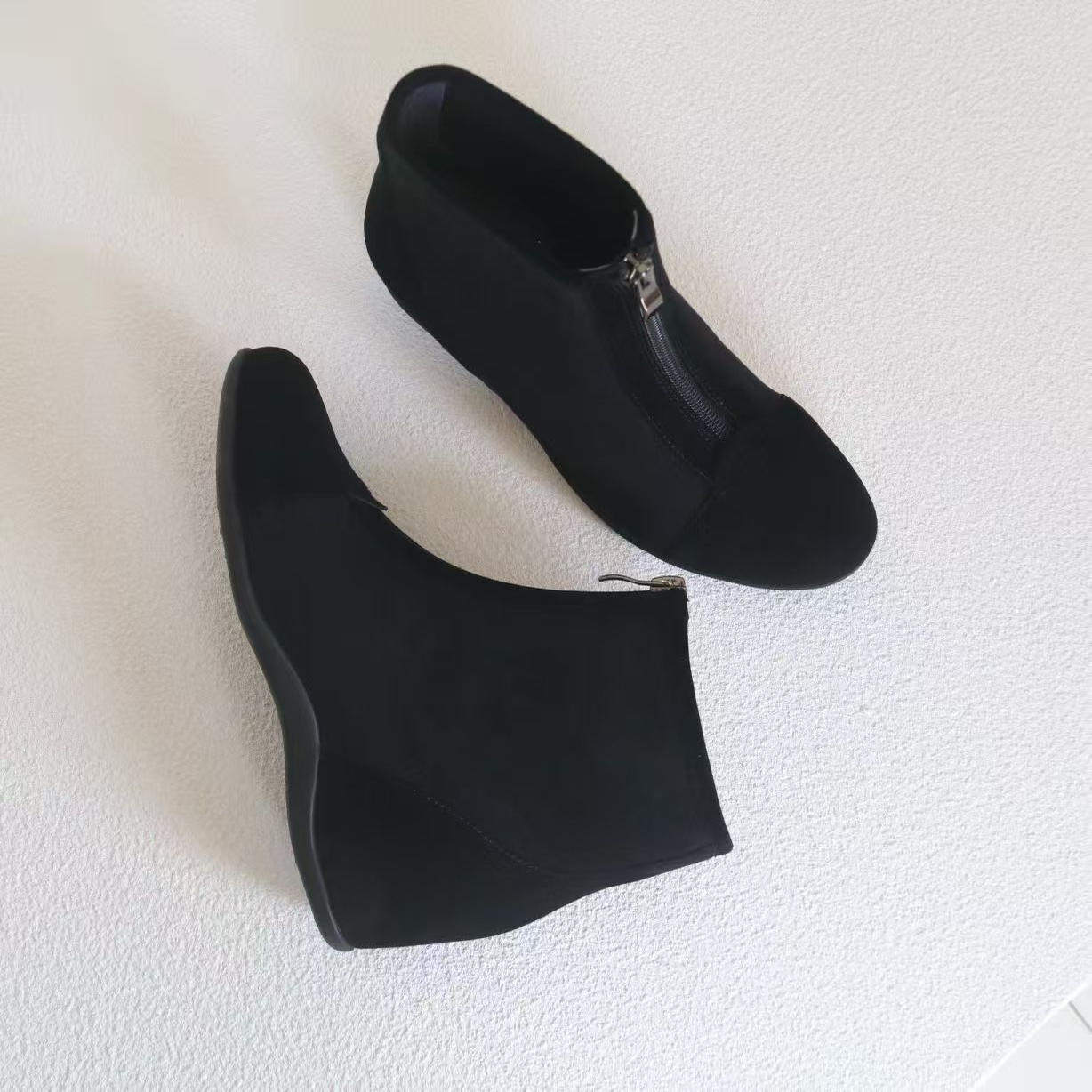 壹家shoes019025羊绒/弹力绒布5cm法式坡跟靴内增高靴子圆头短靴