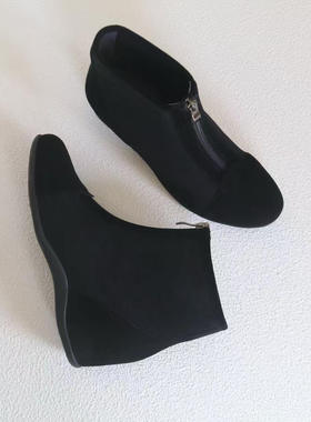 壹家shoes019025羊绒/弹力绒布5cm法式坡跟靴内增高靴子圆头短靴