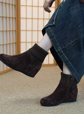 壹家shoes019017羊绒跟高5公分加绒短靴坡跟显瘦2024秋冬百搭女靴