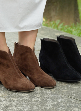 壹家shoes750008羊绒鞋面里5cm垫羊皮短靴女圆头裸靴2024秋冬新款