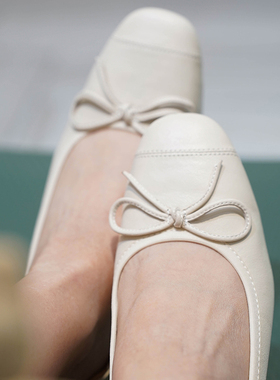 壹家shoes001039羊皮3cm方头气质女鞋粗跟蝴蝶结芭蕾通勤中跟单鞋