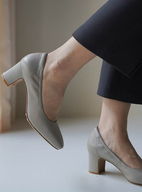 壹家shoes060008羊皮6cm粗跟单鞋女极简风通勤高跟鞋春款上新女鞋