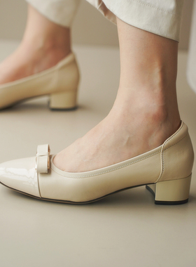 壹家shoes001098牛漆皮/羊皮3.5cm浅口单鞋女通勤粗跟百搭一脚蹬