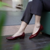 壹家shoes020008款 2公分羊皮女单鞋 杏仁尖浅口粗跟平底显瘦防掉跟