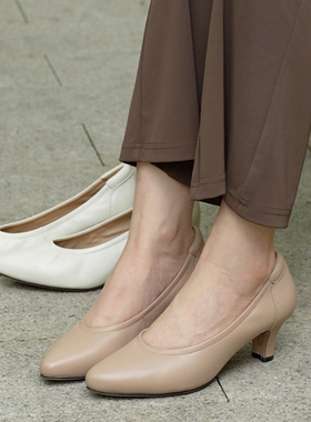 壹家shoes050068羊皮5cm四季单鞋通勤高跟鞋尖头粗跟日常真皮女鞋