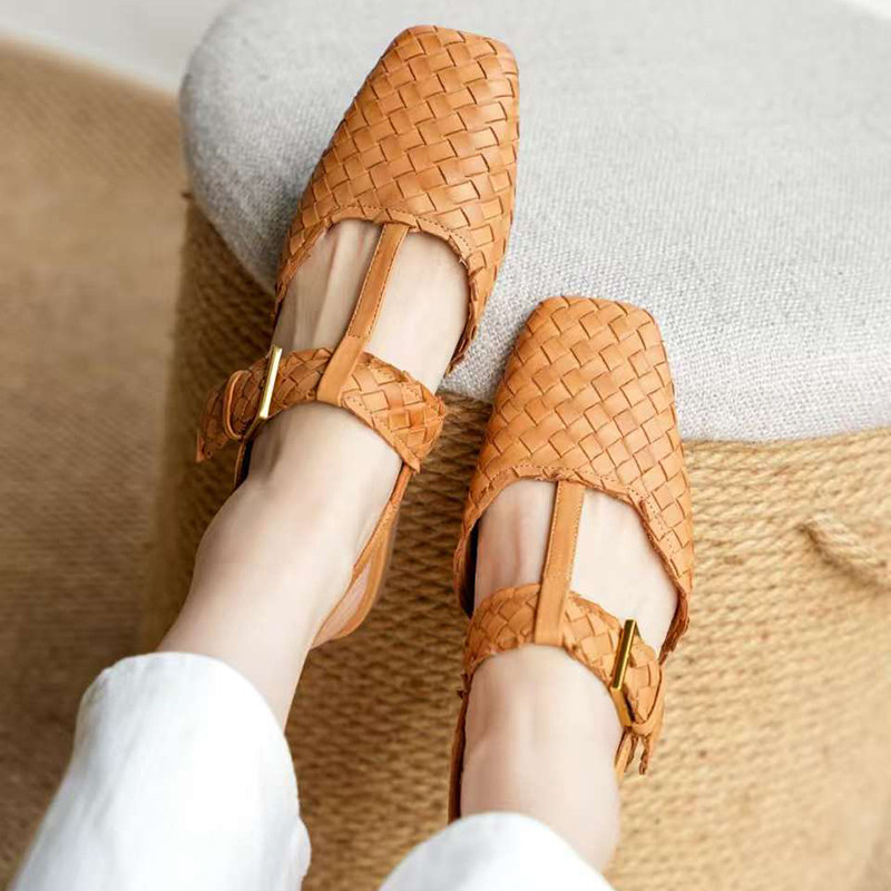 壹家shoes006034牛皮2cm编织条带复古风凉鞋女款2025新款夏季真皮