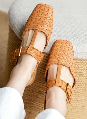 壹家shoes006034牛皮2cm编织条带复古风凉鞋女款2025新款夏季真皮