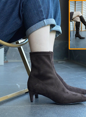 壹家shoes679-6加厚弹力绒4cm方头短靴瘦瘦靴猫跟弹力靴秋冬女靴