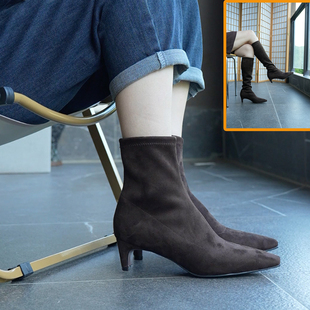 壹家shoes679 6加厚弹力绒4cm方头短靴瘦瘦靴猫跟弹力靴秋冬女靴