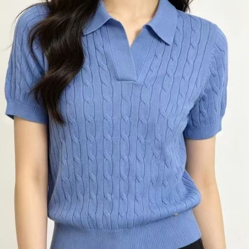 复古麻花短袖针织女2026春夏新款韩版小众设计感翻领纯色上衣女潮