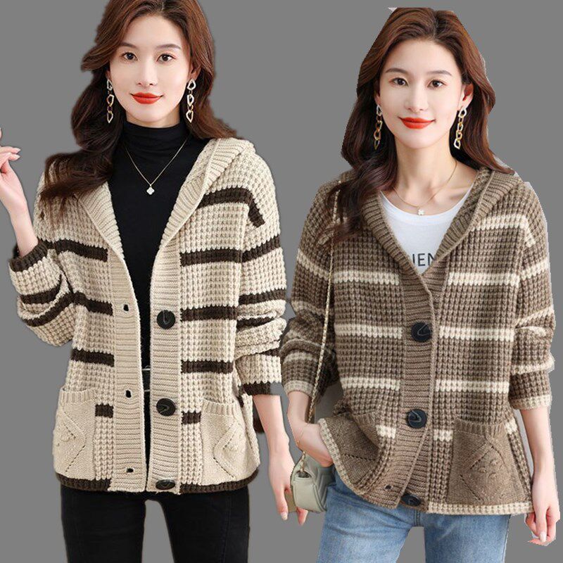 连帽粗毛线外套双兜口袋秋冬新款针织衫2024条纹加厚针织打底开衫,女装/女士精品,毛针织衫,淘宝优惠券,粉丝福利购,淘宝优惠卷