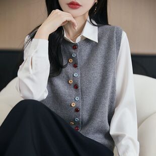 上衣外搭 纽扣JK毛衣坎肩开衫 彩扣针织马甲新款 复古圆领背心无袖