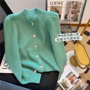 名媛风毛衣 开衫 小香风显白绿色蝴蝶结针织外套女秋季 温柔风泡泡袖