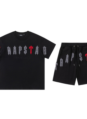 trapstar美式高街潮牌夏季运动休闲撞色字母刺绣纯棉短裤T恤套装