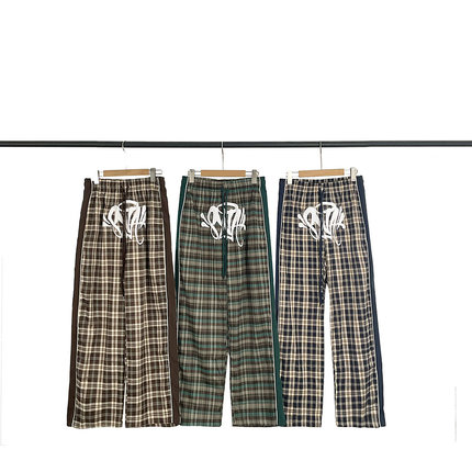 Synaworld美式高街潮牌字母发泡印花宽松撞色格子直筒抽绳长裤fog