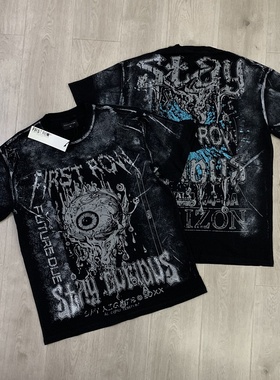 FIRST ROW VINTAGE欧美街头嘻哈复古潮牌洗水做旧印花纯棉短袖T恤