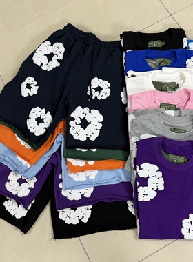 INS HIP HOP T SHIRT SHORTS 美潮夏季木棉花发泡印花短袖T恤短裤