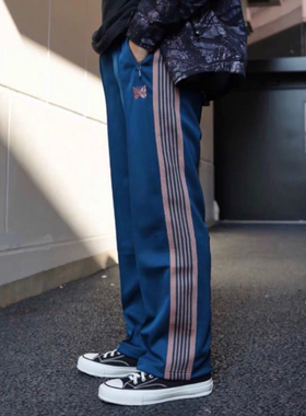 Needles小众潮牌运动休闲男女同款复古蝴蝶刺绣条纹织带直筒长裤