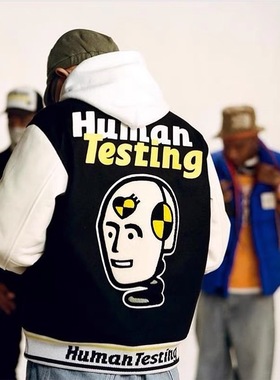 欧美日系潮牌秋冬拼接撞色宽松毛呢皮袖加厚情侣棒球服夹克外套男