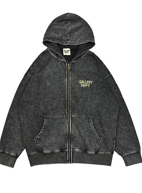 gallery dept美式高街潮牌复古做旧字母印花宽松纯棉开衫连帽卫衣