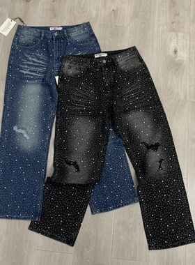 VALE VALLEY HIP HOP JEANS美潮满天星烫钻刀割休闲直筒牛仔长裤