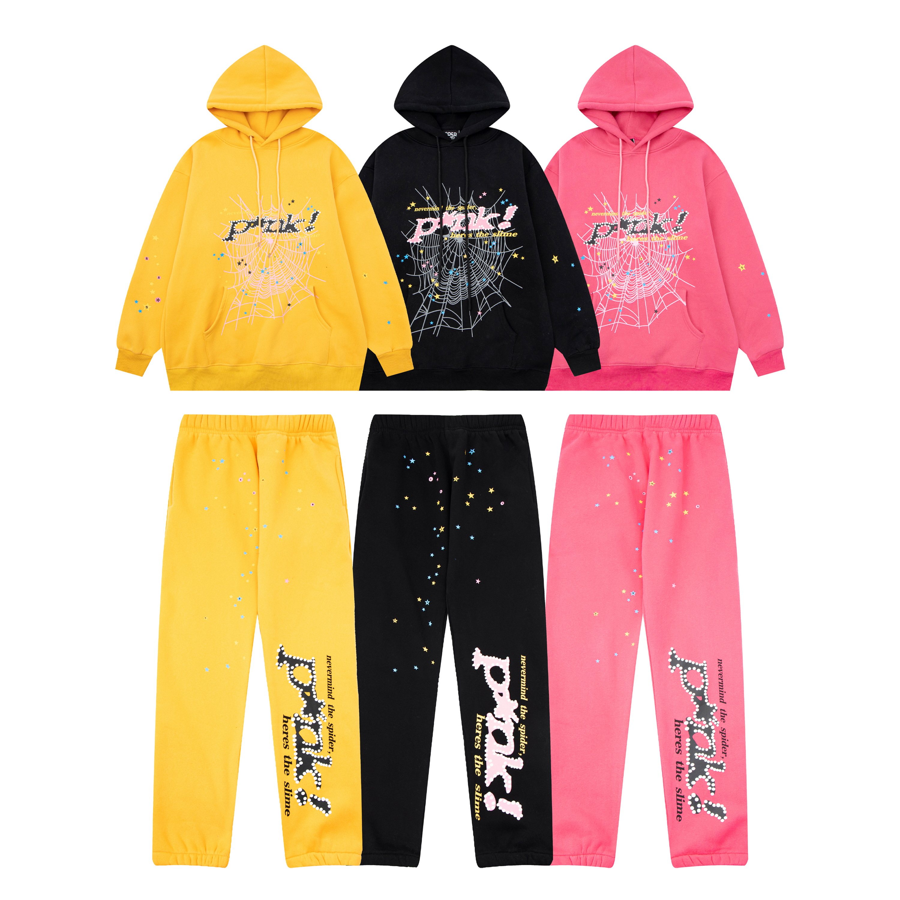 Sp5der 555555 Young Thub Pink Hoodie男女情侣加绒卫衣长裤套装
