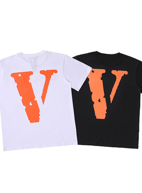 美式高街潮牌FRIENDS经典基础款橙色大V印花男女情侣纯棉短袖T恤