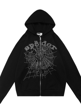 sp5der美潮高街嘻哈运动休闲春秋发泡印花宽松纯棉开衫连帽卫衣男