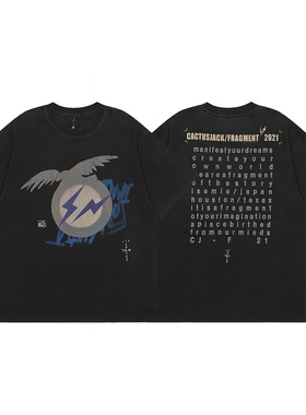 Travis Scott藤原浩联名小众潮牌复古老鹰闪电印花纯棉短袖T恤FOG