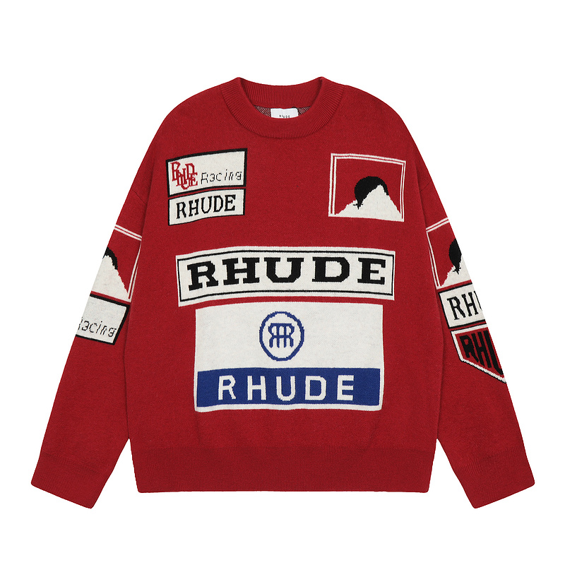 thumbnail for RHUDE American high street fashion brand autumn and winter casual men's letter logo jacquard loose crew neck knit sweater